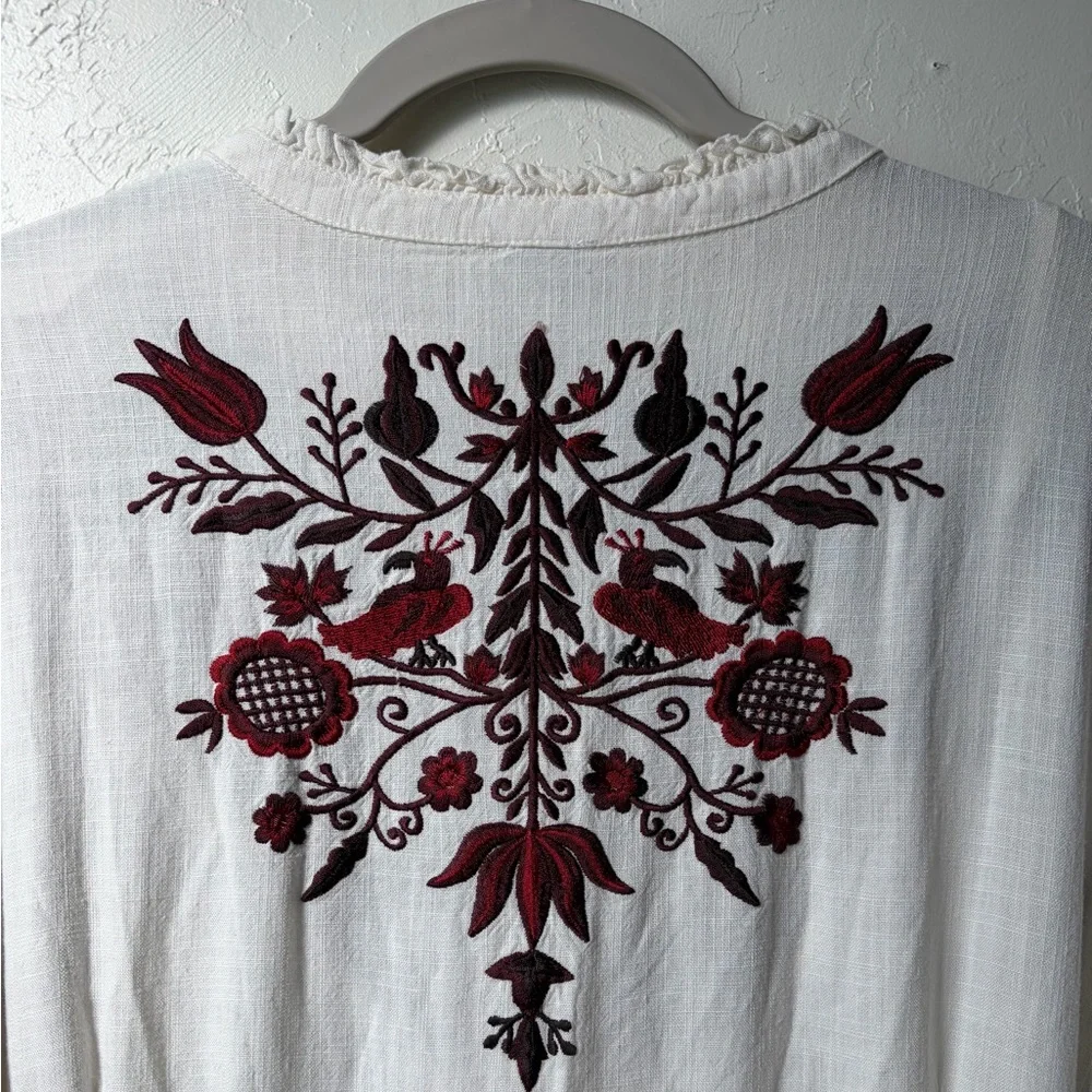 Sundance White Burgundy Embroidered Maxi Dress Tie Waist Boho Cottagecore XL - Picture 15 of 16